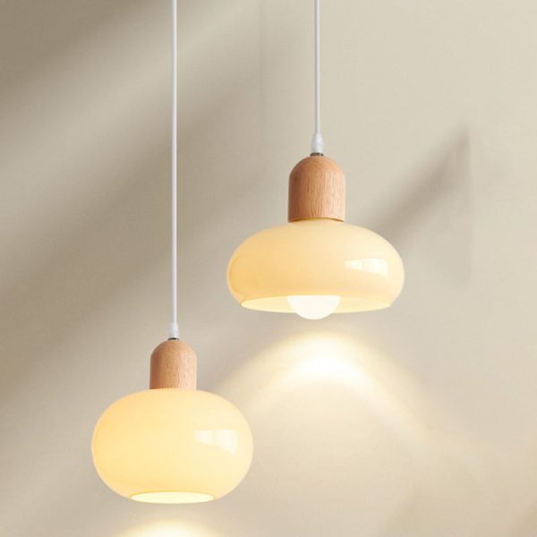 Contemporary Nordic Round Wood Glass 1-Light Pendant Light For Living Room - Image 9