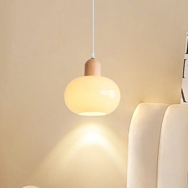 Contemporary Nordic Round Wood Glass 1-Light Pendant Light For Living Room - Image 13