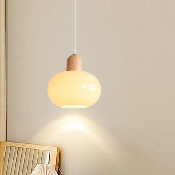 Contemporary Nordic Round Wood Glass 1-Light Pendant Light For Living Room - Image 14