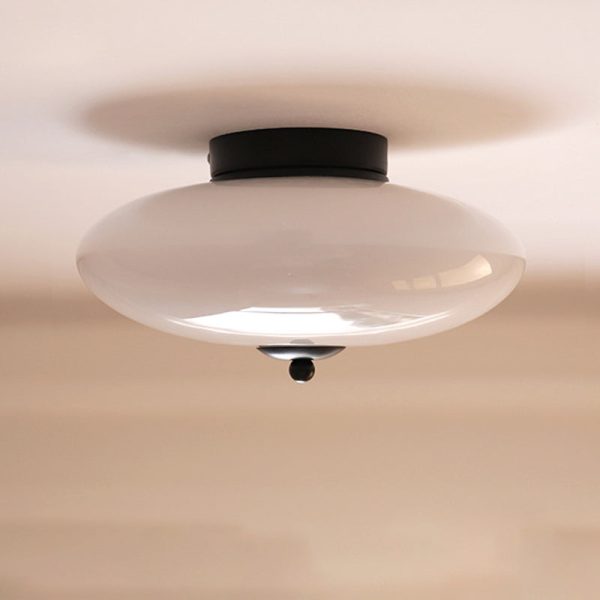 Modern Art Deco Drum Opal Iron Glass LED Semi-Flush Mount Ceiling Light For Bedroom - Image 2