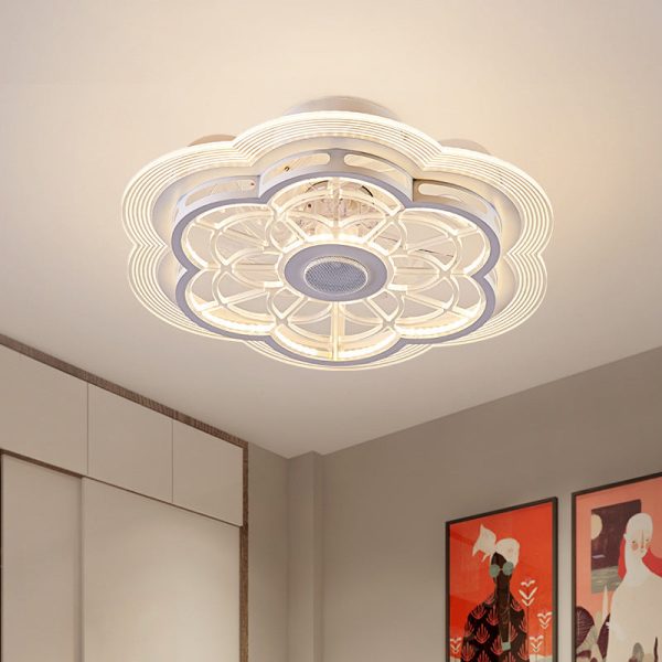 Contemporary Nordic Bluetooth Speaker Copper ABS Acrylic Round Flower Shape LED Semi-Flush Mount Ceiling Fan Light For Bedroom - Image 13