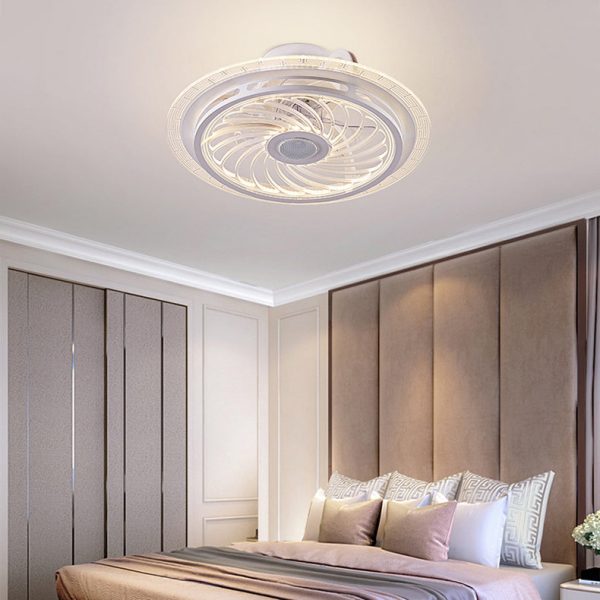 Contemporary Nordic Bluetooth Speaker Copper ABS Acrylic Round Flower Shape LED Semi-Flush Mount Ceiling Fan Light For Bedroom - Image 2