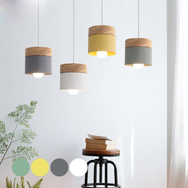 Modern Minimalist Wood Iron Round Cylinder 1-Light Pendant Light For Living Room - Image 3
