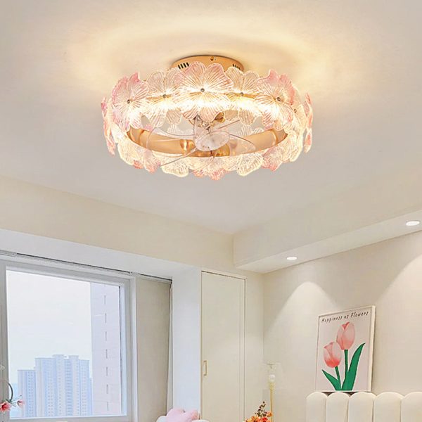 Contemporary Creative Round Circle Flower Hardware Glass ABS Fan Blade LED Semi-Flush Mount Ceiling Fan Light For Bedroom - Image 11