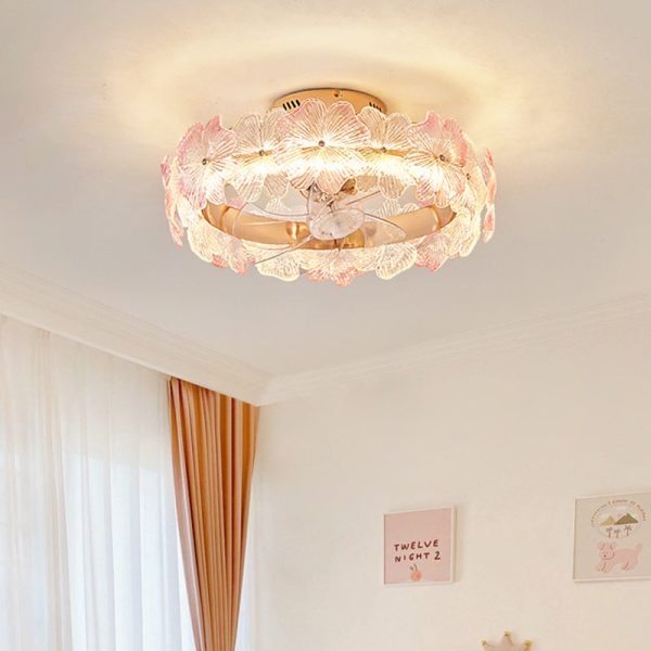 Contemporary Creative Round Circle Flower Hardware Glass ABS Fan Blade LED Semi-Flush Mount Ceiling Fan Light For Bedroom - Image 10