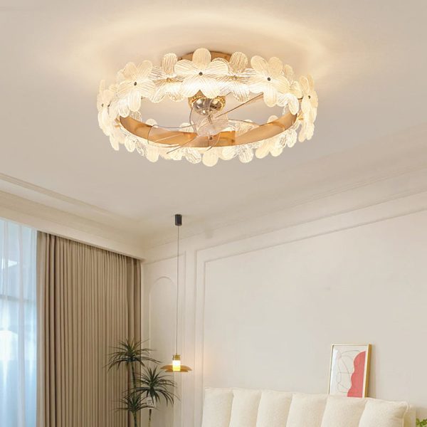 Contemporary Creative Round Circle Flower Hardware Glass ABS Fan Blade LED Semi-Flush Mount Ceiling Fan Light For Bedroom - Image 2