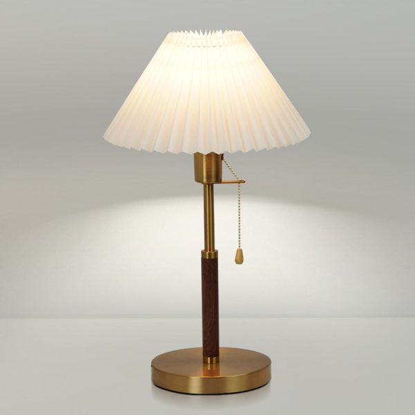 Traditional Vintage Round Table Pleated Iron Wood Fabric 1-Light Table Lamp For Bedroom - Image 2