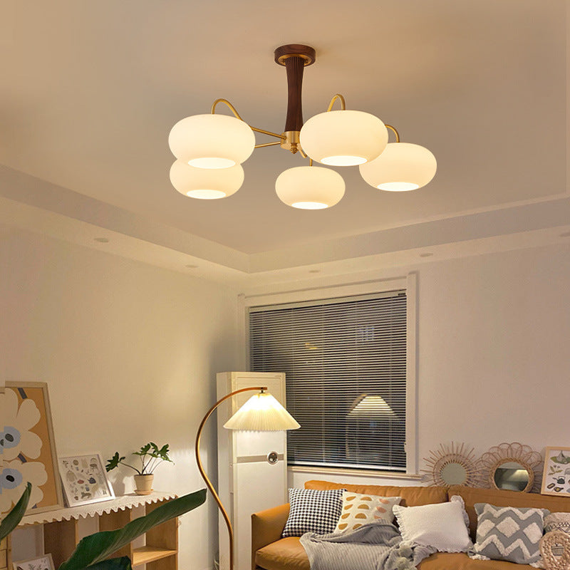 BS-Lighting-LL02940-15.jpg Traditional French Walnut Brass Frame Glass Persimmon Shade 3/5-Light Semi-Flush Mount Ceiling Light For Living Room - Image 1