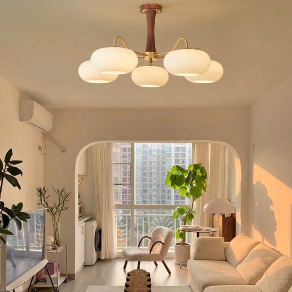 Traditional French Walnut Brass Frame Glass Persimmon Shade 3/5-Light Semi-Flush Mount Ceiling Light For Living Room - Image 9