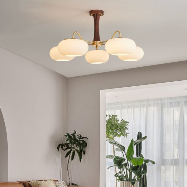 Traditional French Walnut Brass Frame Glass Persimmon Shade 3/5-Light Semi-Flush Mount Ceiling Light For Living Room - Image 10