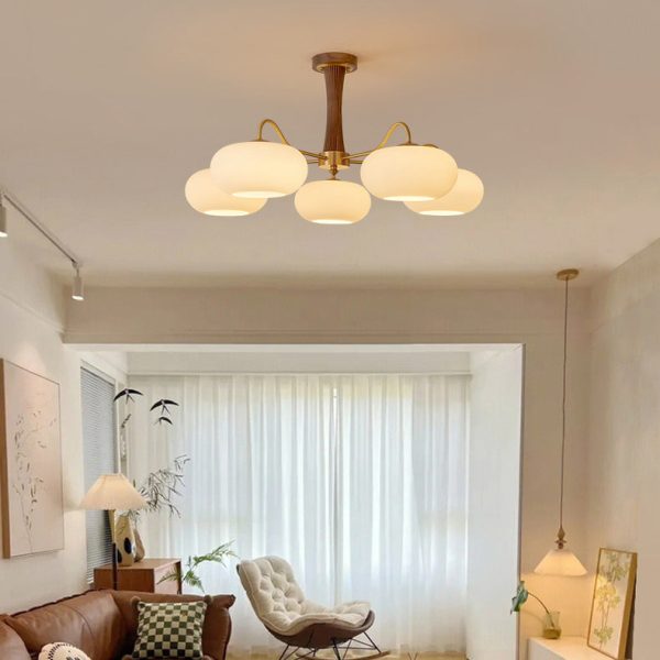 Traditional French Walnut Brass Frame Glass Persimmon Shade 3/5-Light Semi-Flush Mount Ceiling Light For Living Room - Image 3