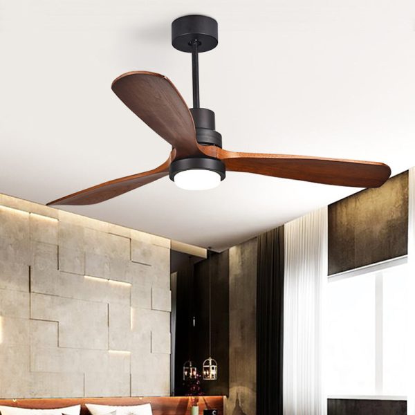 Contemporary Retro Round Glass Shade Solid Wood Fan Blade LED Downrod Ceiling Fan Light For Bedroom - Image 2