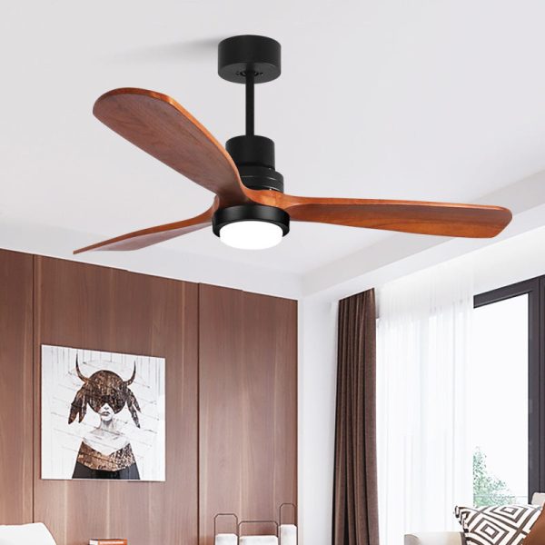 Contemporary Retro Round Glass Shade Solid Wood Fan Blade LED Downrod Ceiling Fan Light For Bedroom - Image 3