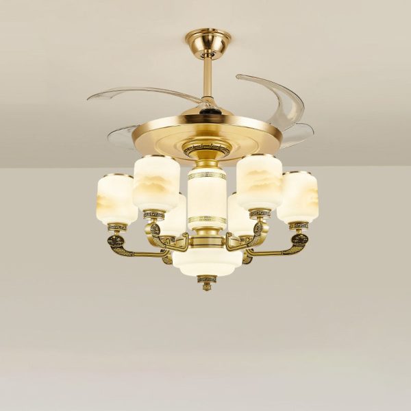 Traditional Chinese Jade Decor Glass Cylinder Shade Zinc Alloy 6-Light Downrod Ceiling Fan Light For Living Room - Image 14
