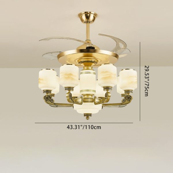 Traditional Chinese Jade Decor Glass Cylinder Shade Zinc Alloy 6-Light Downrod Ceiling Fan Light For Living Room - Image 4