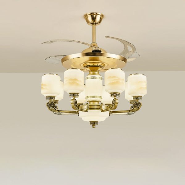 Traditional Chinese Jade Decor Glass Cylinder Shade Zinc Alloy 6-Light Downrod Ceiling Fan Light For Living Room - Image 13