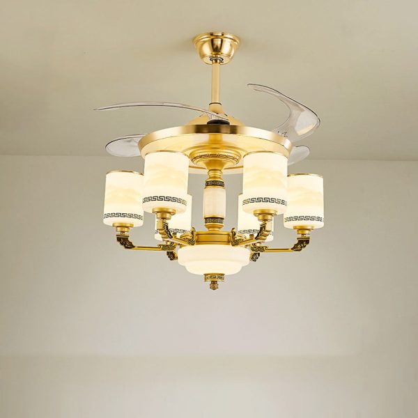 Traditional Chinese Jade Decor Glass Cylinder Shade Zinc Alloy 6-Light Downrod Ceiling Fan Light For Living Room - Image 12