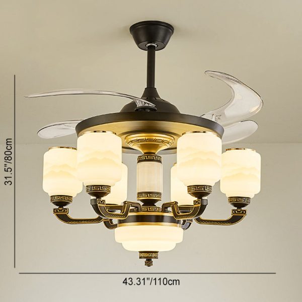 Traditional Chinese Jade Decor Glass Cylinder Shade Zinc Alloy 6-Light Downrod Ceiling Fan Light For Living Room - Image 3