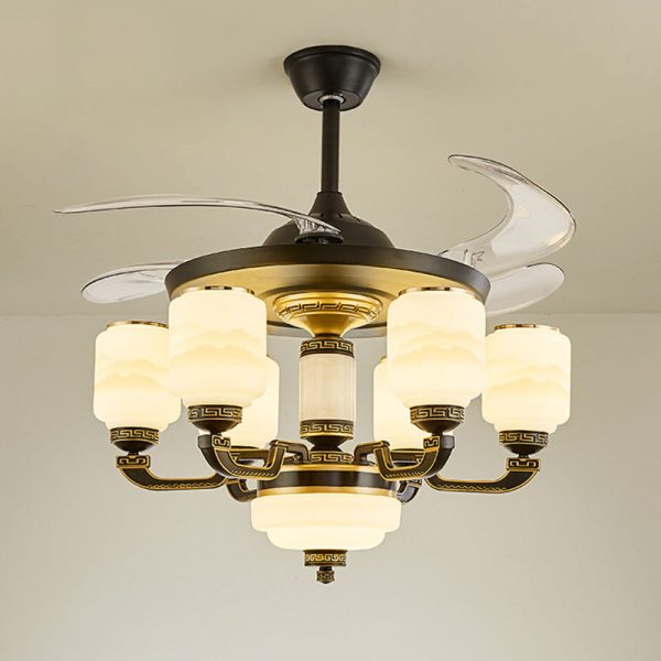 Traditional Chinese Jade Decor Glass Cylinder Shade Zinc Alloy 6-Light Downrod Ceiling Fan Light For Living Room - Image 11