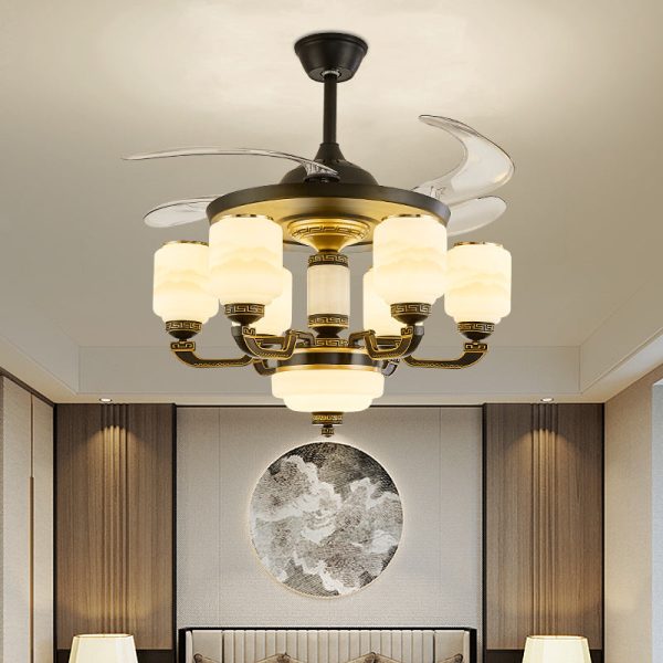 Traditional Chinese Jade Decor Glass Cylinder Shade Zinc Alloy 6-Light Downrod Ceiling Fan Light For Living Room - Image 2