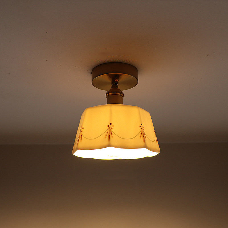 BS-Lighting-LL03131-3.jpg Traditional French Antique Brass Glazed Printed Ceramic Round 1-Light Semi-Flush Mount Ceiling Light For Living Room - Image 1