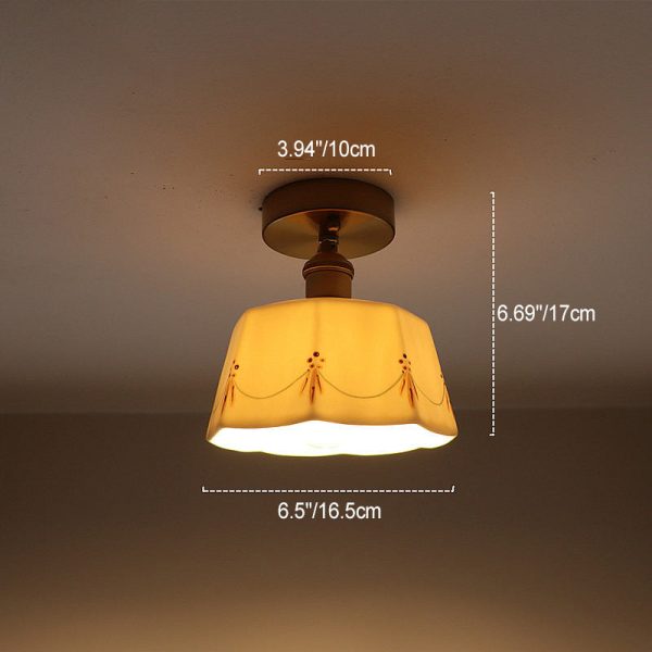 Traditional French Antique Brass Glazed Printed Ceramic Round 1-Light Semi-Flush Mount Ceiling Light For Living Room - Image 4