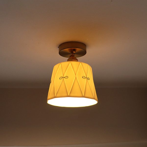 Traditional French Antique Brass Glazed Printed Ceramic Round 1-Light Semi-Flush Mount Ceiling Light For Living Room - Image 3