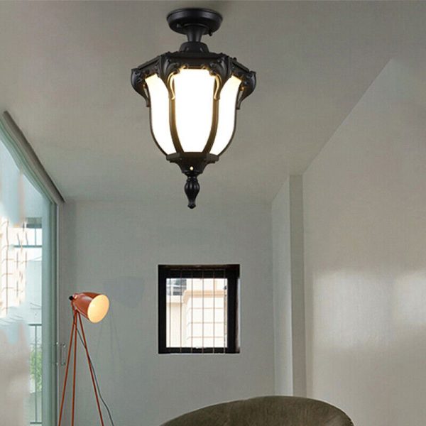 Traditional Vintage Aluminum Polygon Glass 1-Light Waterproof Outdoor Semi-Flush Mount Ceiling Light For Garden - Image 9