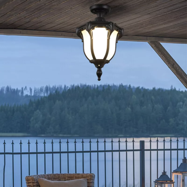 Traditional Vintage Aluminum Polygon Glass 1-Light Waterproof Outdoor Semi-Flush Mount Ceiling Light For Garden - Image 8