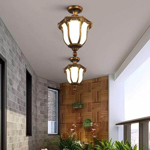 Traditional Vintage Aluminum Polygon Glass 1-Light Waterproof Outdoor Semi-Flush Mount Ceiling Light For Garden - Image 2
