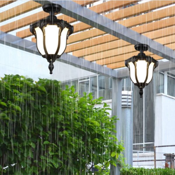 Traditional Vintage Aluminum Polygon Glass 1-Light Waterproof Outdoor Semi-Flush Mount Ceiling Light For Garden - Image 3