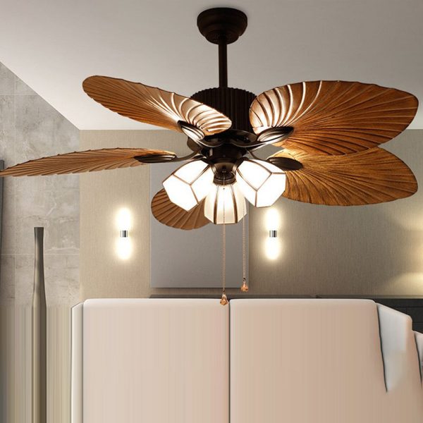 Traditional Retro Leaves Texture ABS Fan Glass Hexagonal Shade 3-Light Downrods Ceiling Fan Light For Living Room - Image 2