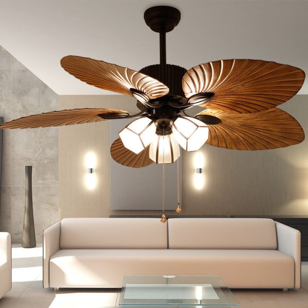 Traditional Retro Leaves Texture ABS Fan Glass Hexagonal Shade 3-Light Downrods Ceiling Fan Light For Living Room - Image 8