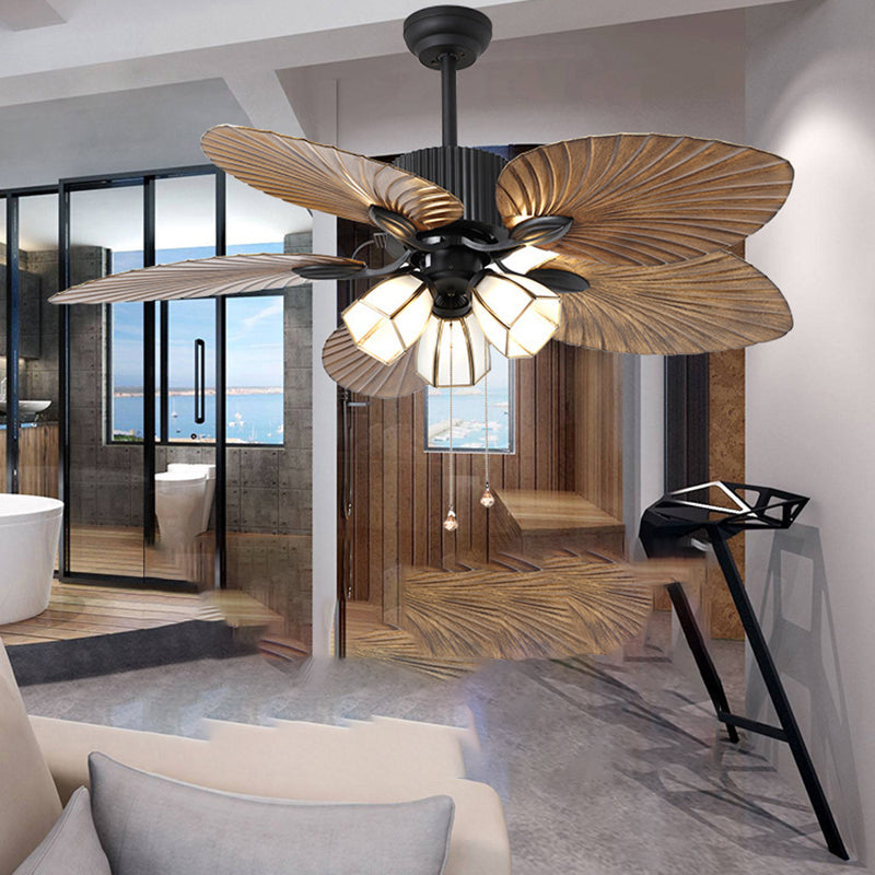 BS-Lighting-LL03148-8.jpg Traditional Retro Leaves Texture ABS Fan Glass Hexagonal Shade 3-Light Downrods Ceiling Fan Light For Living Room - Image 1