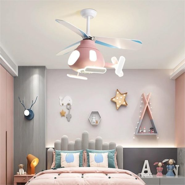Contemporary Creative Cartoon Helicopter Iron Acrylic LED Kids Downrods Ceiling Fan Light For Bedroom - Image 3