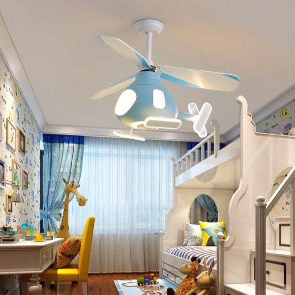 Contemporary Creative Cartoon Helicopter Iron Acrylic LED Kids Downrods Ceiling Fan Light For Bedroom - Image 9