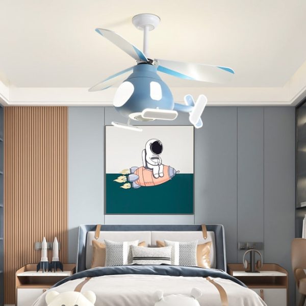 Contemporary Creative Cartoon Helicopter Iron Acrylic LED Kids Downrods Ceiling Fan Light For Bedroom - Image 2