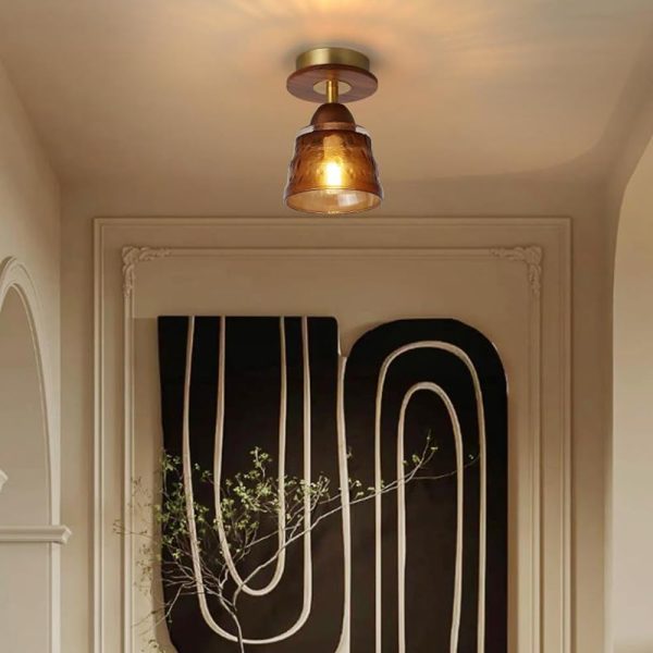 Contemporary Retro Glass Cup Shade Solid Wood 1-Light Semi-Flush Mount Ceiling Light For Living Room - Image 6