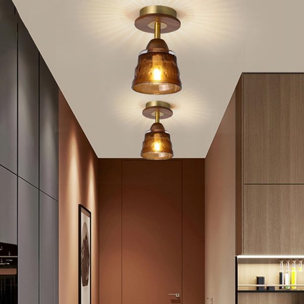 Contemporary Retro Glass Cup Shade Solid Wood 1-Light Semi-Flush Mount Ceiling Light For Living Room - Image 2
