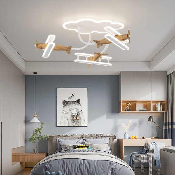 Contemporary Creative Cartoon Solid Wood Plane Acrylic LED Semi-Flush Mount Ceiling Light For Living Room - Image 3