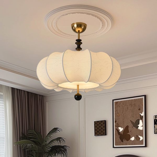 Traditional French Solid Wood Fabric Round Shade 4-Light Semi-Flush Mount Ceiling Light For Living Room - Image 2