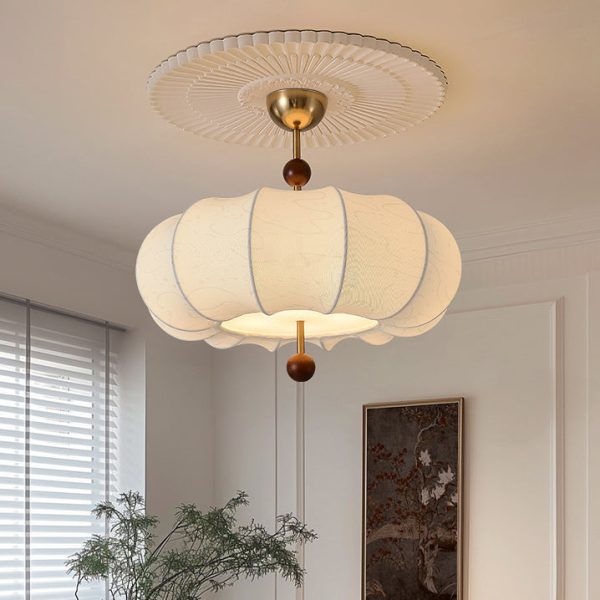 Traditional French Solid Wood Fabric Round Shade 4-Light Semi-Flush Mount Ceiling Light For Living Room - Image 12