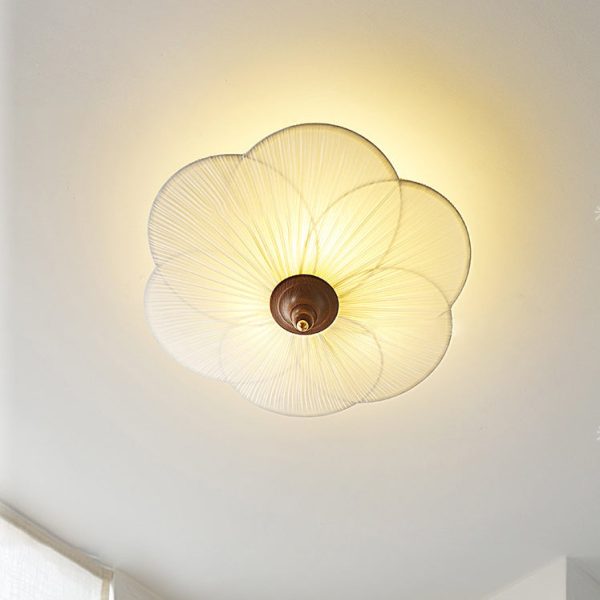 Traditional French Wood Hardware Plum Blossom Fabric Shade 3-Light Semi-Flush Mount Ceiling Light For Living Room - Image 3