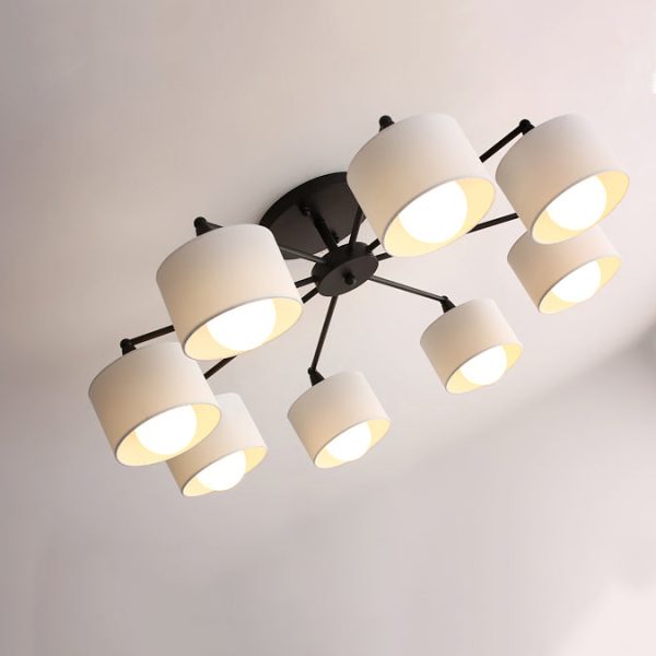 Contemporary Scandinavian Iron Fabric Cylinder Shade 8-Light Semi-Flush Mount Ceiling Light For Living Room - Image 11