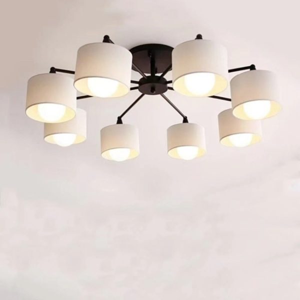 Contemporary Scandinavian Iron Fabric Cylinder Shade 8-Light Semi-Flush Mount Ceiling Light For Living Room - Image 9