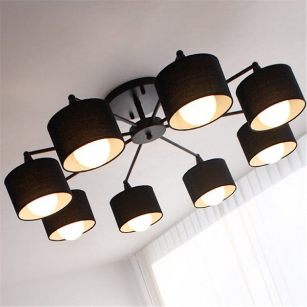 Contemporary Scandinavian Iron Fabric Cylinder Shade 8-Light Semi-Flush Mount Ceiling Light For Living Room - Image 12