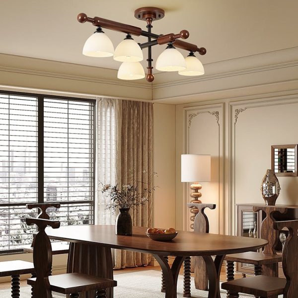 Traditional French Solid Wood Frame Glass Round Shade 4/6-Light Semi-Flush Mount Ceiling Light For Living Room - Image 8