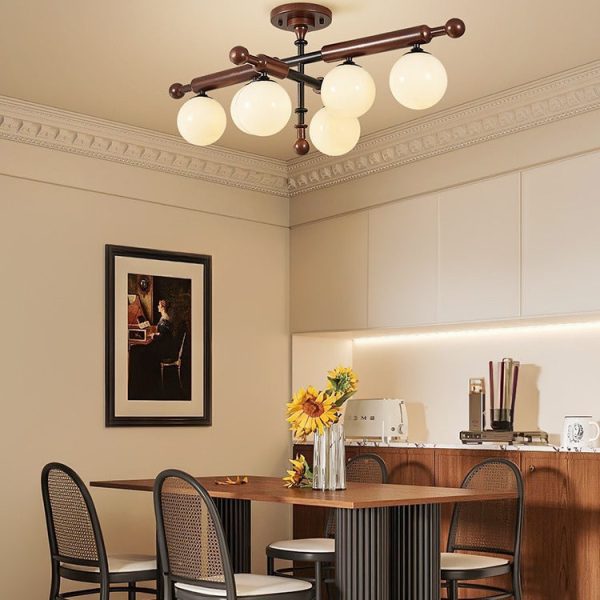 Traditional French Solid Wood Frame Glass Round Shade 4/6-Light Semi-Flush Mount Ceiling Light For Living Room - Image 9