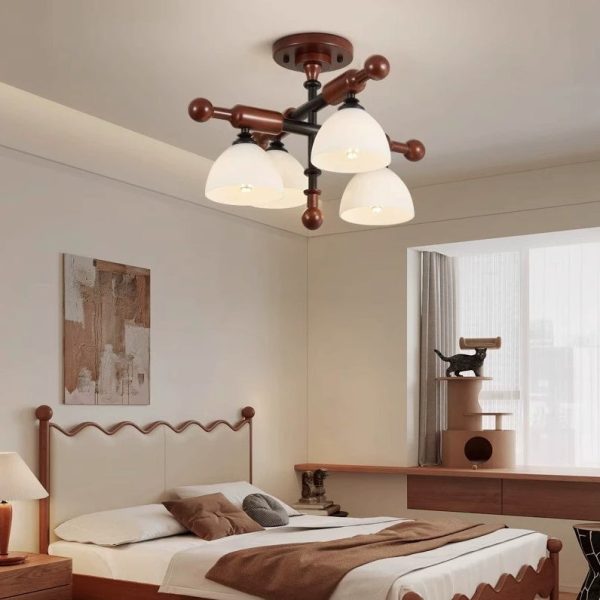 Traditional French Solid Wood Frame Glass Round Shade 4/6-Light Semi-Flush Mount Ceiling Light For Living Room - Image 2