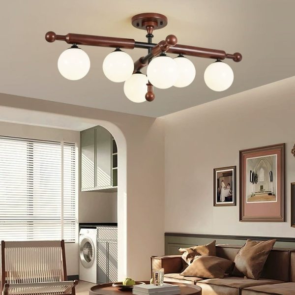 Traditional French Solid Wood Frame Glass Round Shade 4/6-Light Semi-Flush Mount Ceiling Light For Living Room - Image 10